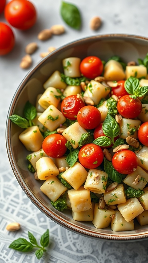 A bowl of gnocchi pasta salad with cherry tomatoes and pesto, garnished with fresh basil.