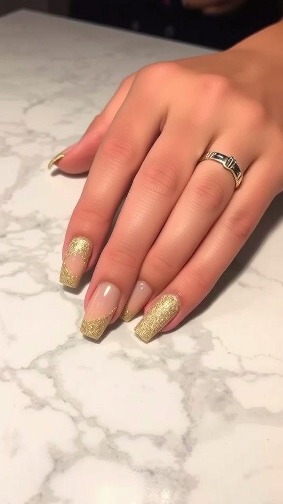 A hand showing off gold glitter ombre nails on a marble surface.