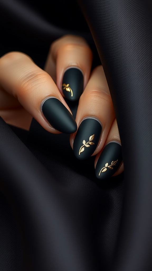 Black matte nails with gold leaf accents
