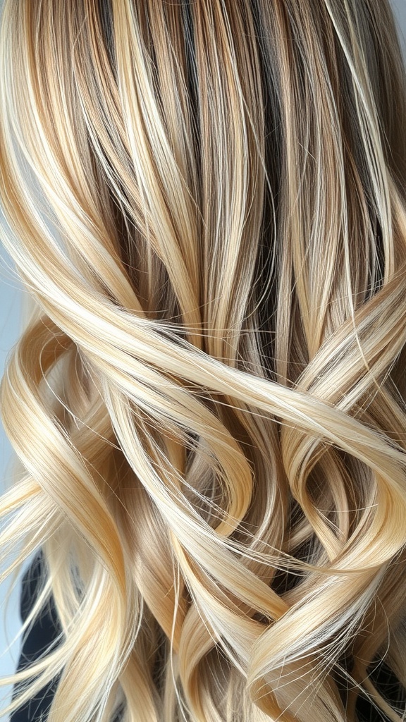 A close-up view of hair with golden blonde balayage highlights.