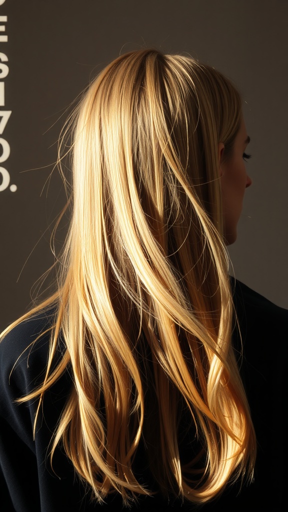 A close-up view of long, golden wheat blonde hair with soft waves.