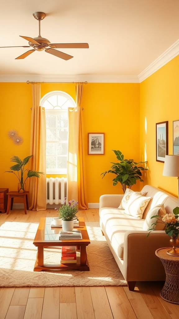 A cozy living room featuring golden yellow walls, a light-colored sofa, and plants.