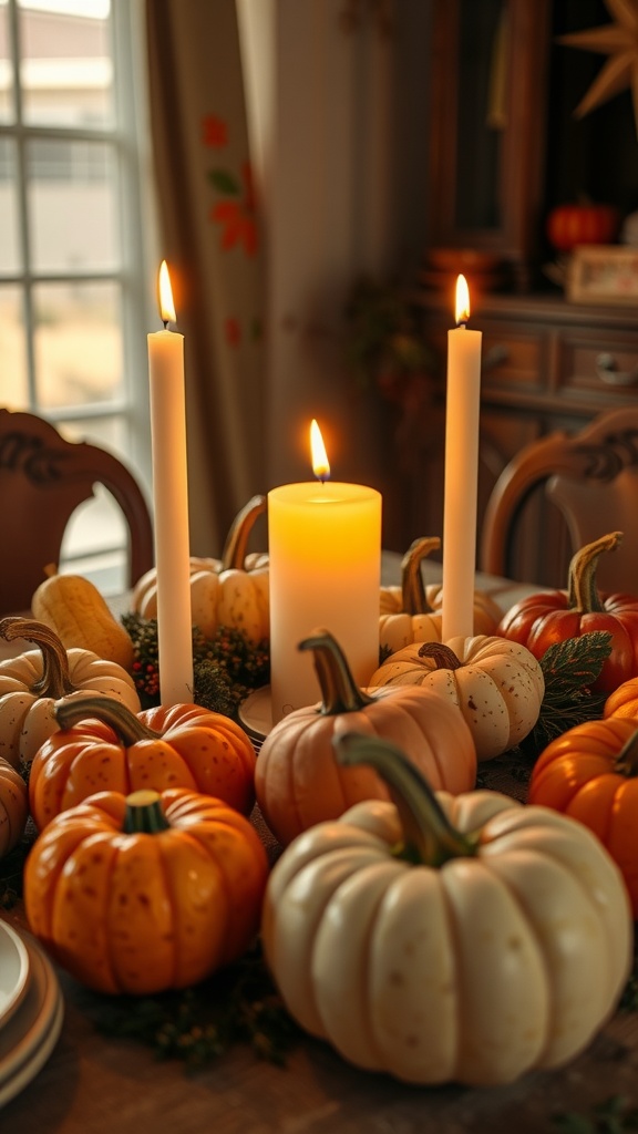A cozy dining table centerpiece featuring colorful gourds and candles.
