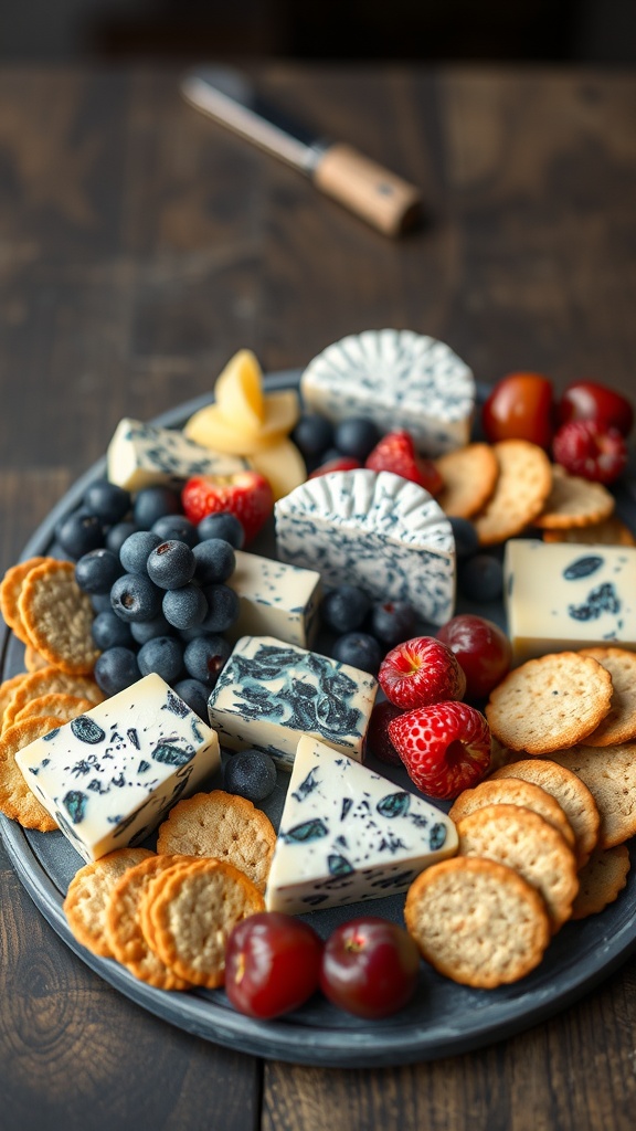A gourmet cheese board featuring blue cheese, strawberries, blueberries, and crackers.