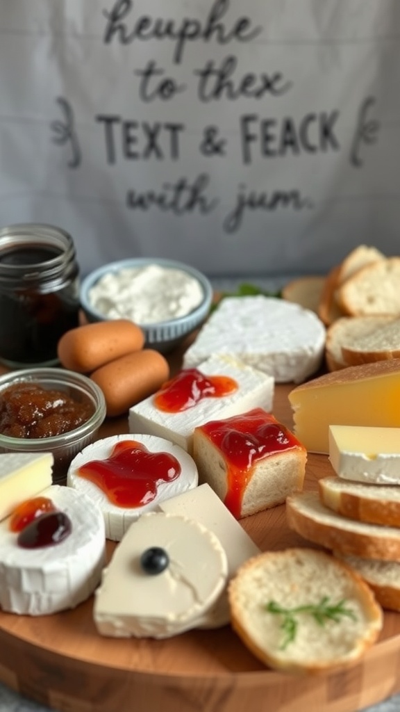 A beautifully arranged gourmet cheese platter featuring various cheeses and jams alongside crackers and bread.