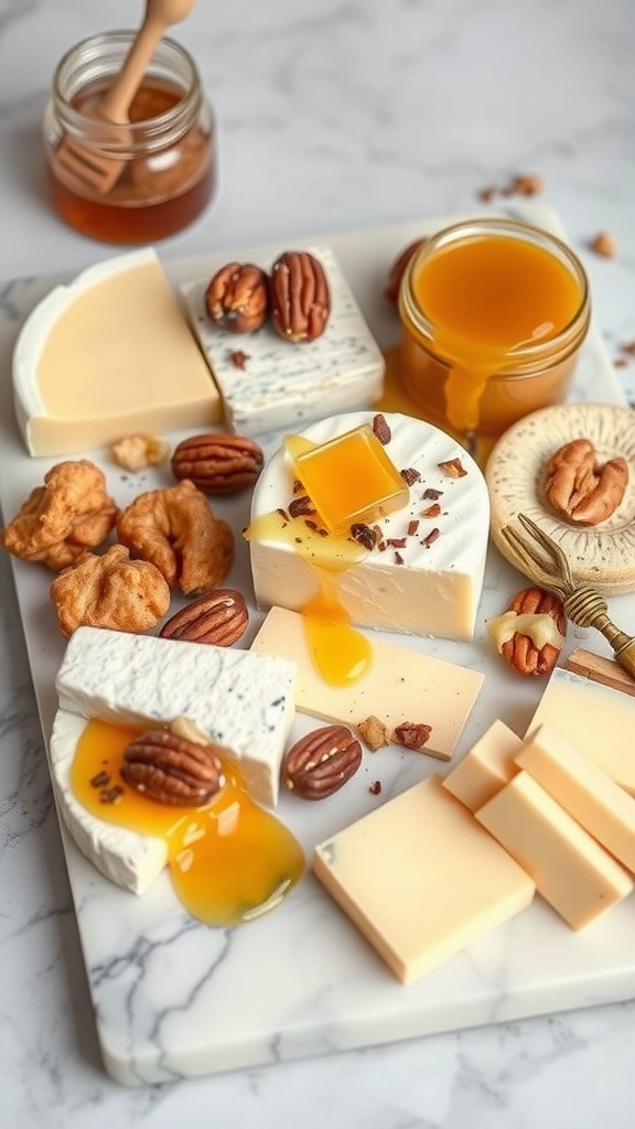 A gourmet cheese platter featuring various cheeses, honeycomb, nuts, and crackers.