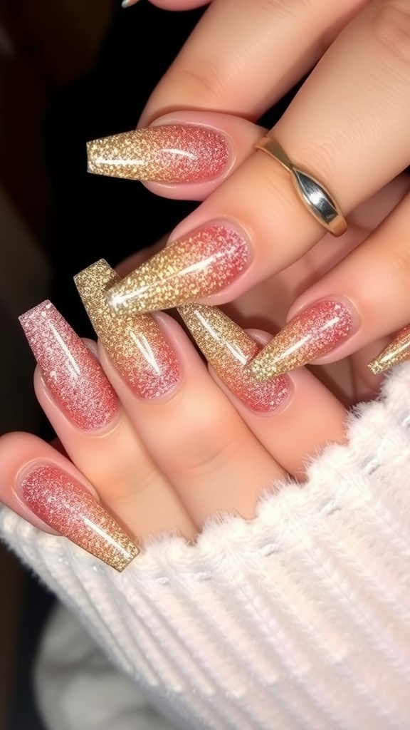 A close-up of stylish gradient glitter coffin nails in pink and gold tones.
