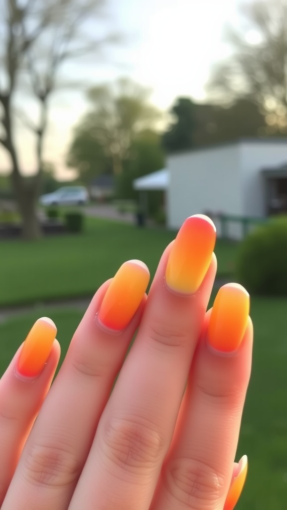 Nails painted in a gradient sunset design, featuring warm orange and yellow tones.