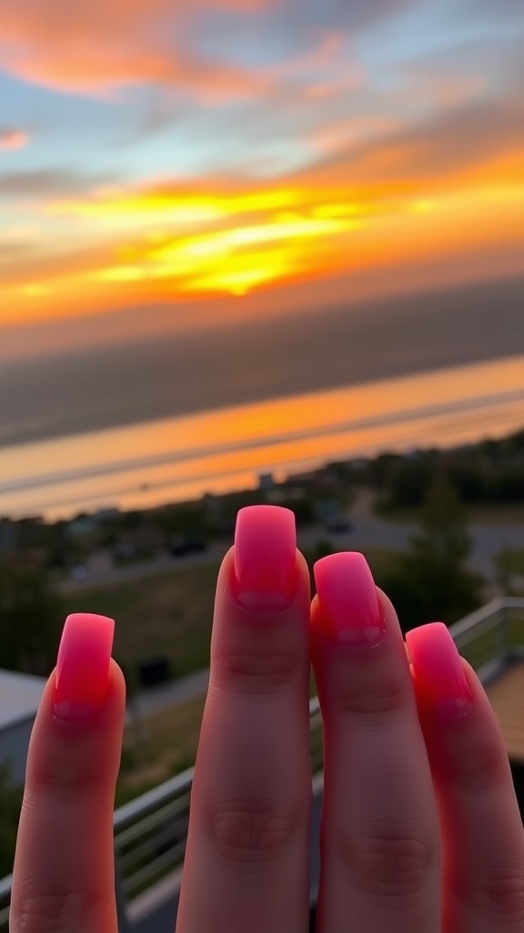 Gradient sunset square nails with pink and orange hues