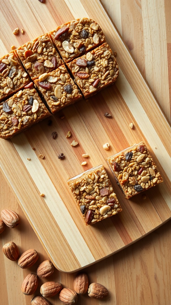 Homemade granola bars with nuts and dried fruit.