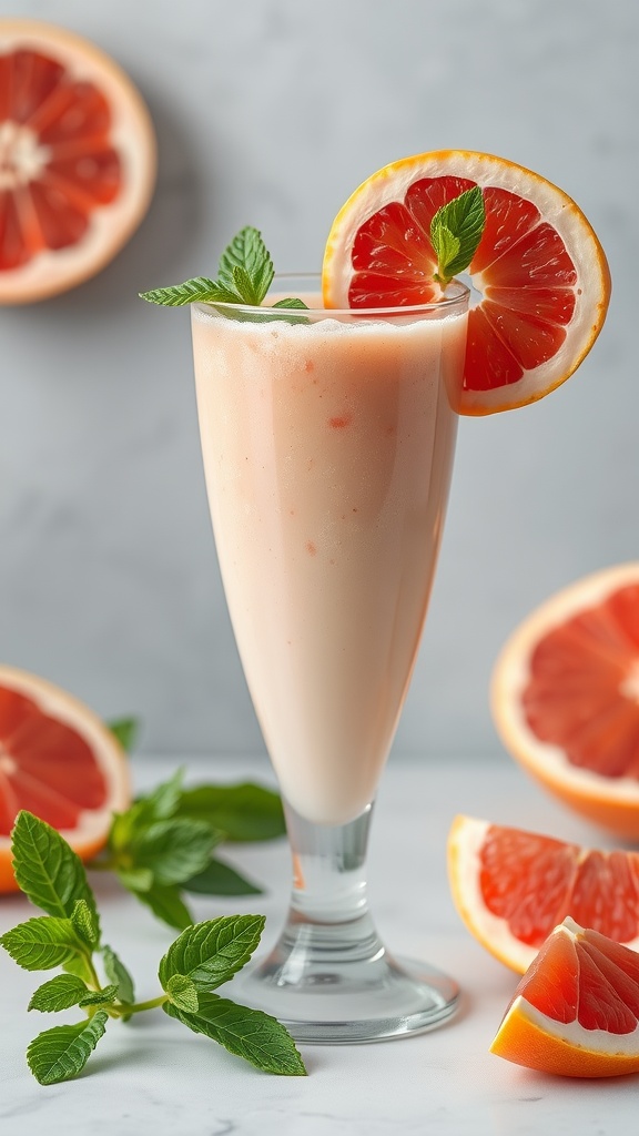 A refreshing grapefruit and mint smoothie in a glass, garnished with a mint leaf and a slice of grapefruit.