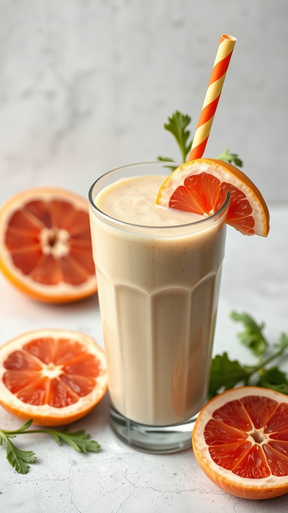 A refreshing grapefruit kale smoothie garnished with a slice of grapefruit and a straw.