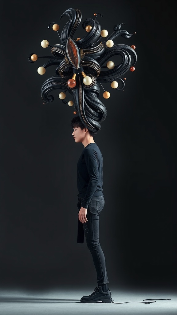 A person with a unique gravity-defying hair sculpture featuring swirling black hair and decorative elements.