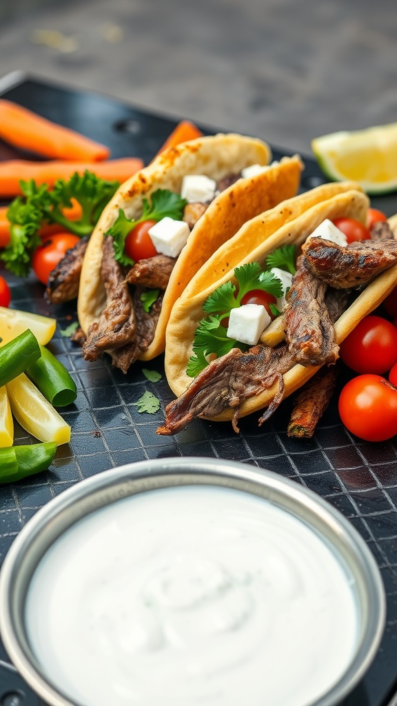Greek-Style Lamb Gyros with toppings and tzatziki sauce