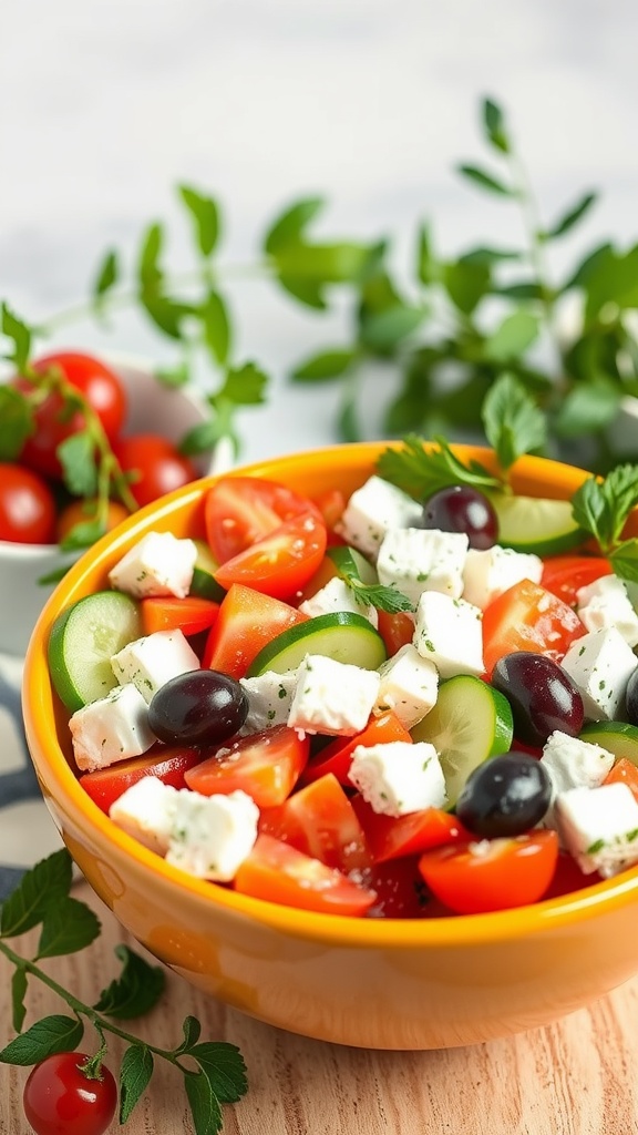 A colorful Greek salad with feta cheese, tomatoes, cucumbers, and olives in a bowl.