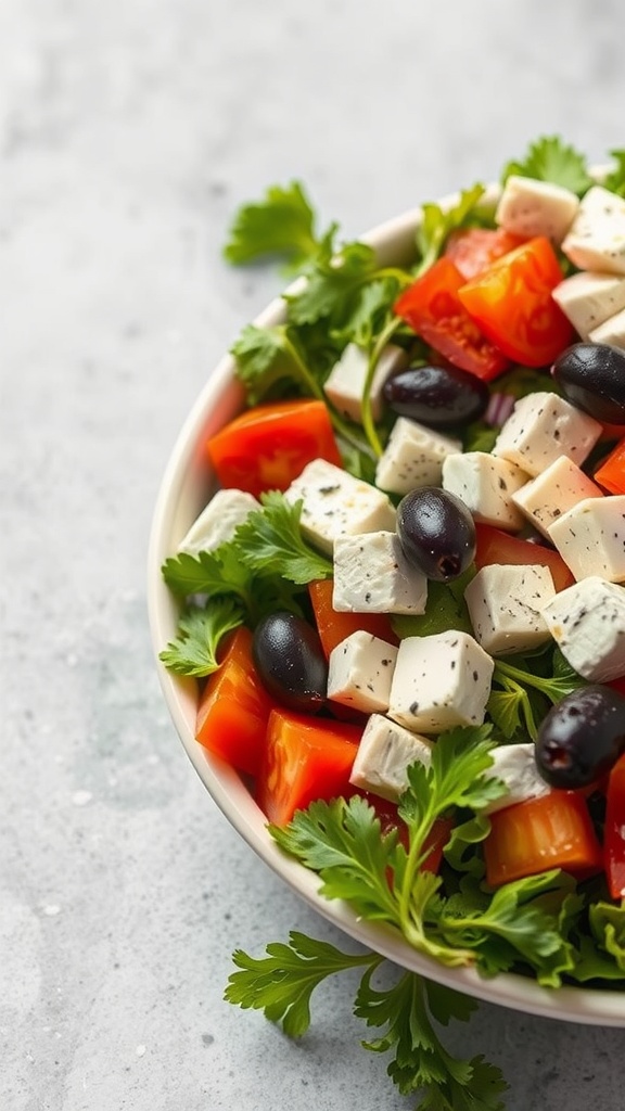 A colorful Greek salad featuring tomatoes, cucumbers, olives, and feta cheese.