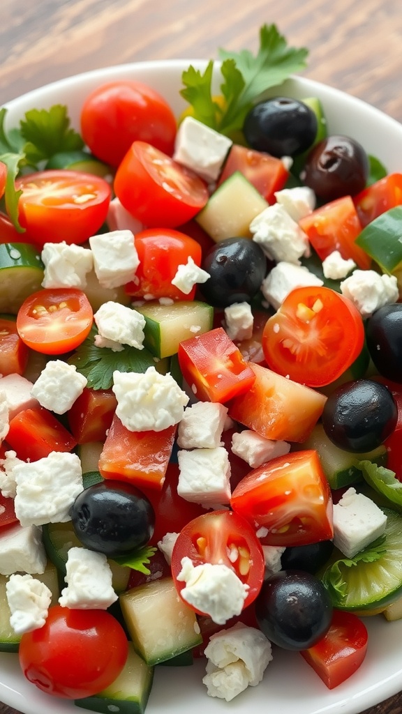 A vibrant Greek salad with feta cheese, olives, cucumbers, and cherry tomatoes.