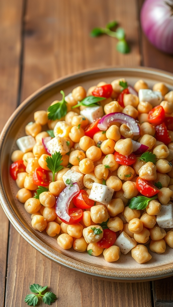 A colorful Greek pasta salad featuring chickpeas, tomatoes, feta, and herbs.