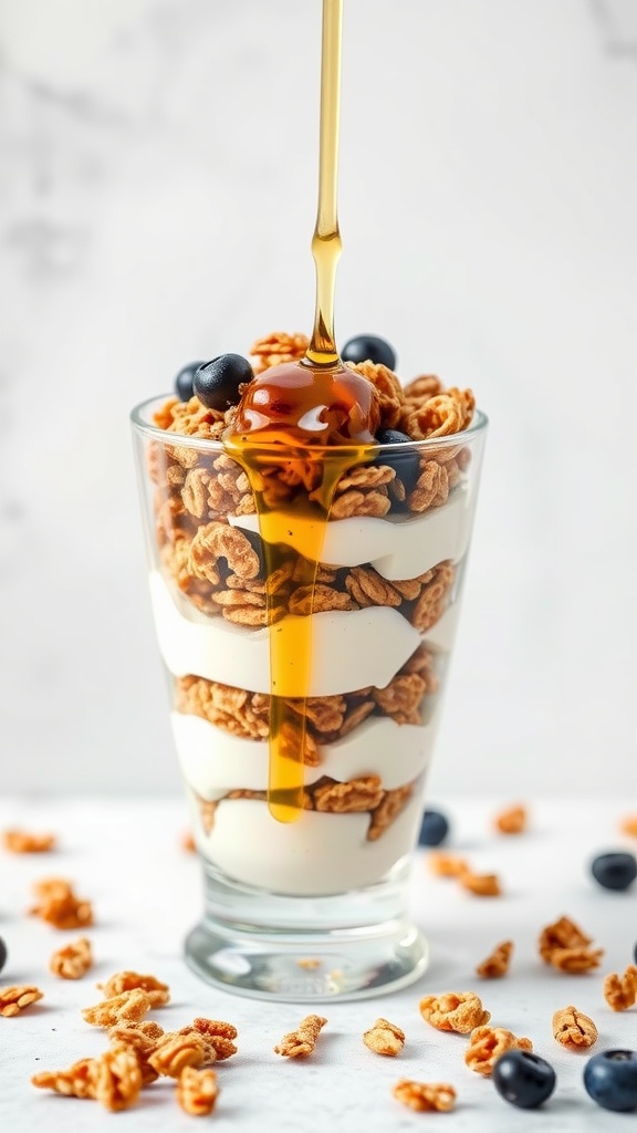 A Greek yogurt parfait with layers of granola, blueberries, and honey drizzled on top.