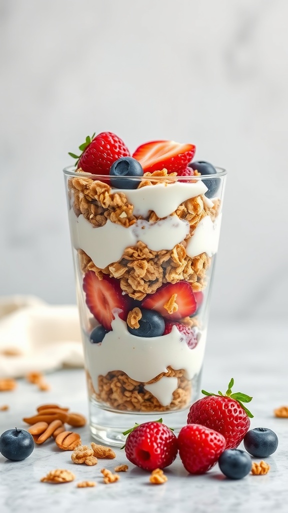 A delicious Greek yogurt parfait layered with granola, mixed berries, and nuts in a clear glass.