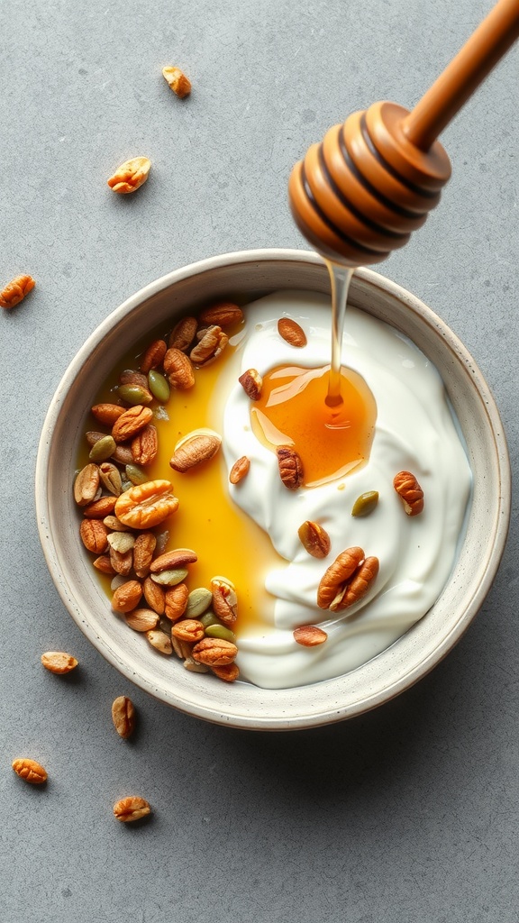 A bowl of Greek yogurt topped with nuts and seeds, with honey being drizzled on top.
