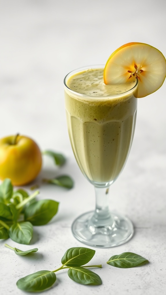 A refreshing green smoothie made with green apple and spinach, garnished with a slice of apple.