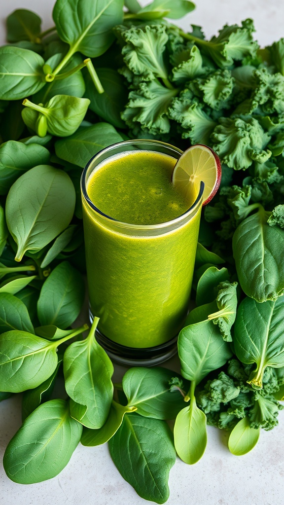 A vibrant green detox smoothie surrounded by fresh spinach and kale leaves.