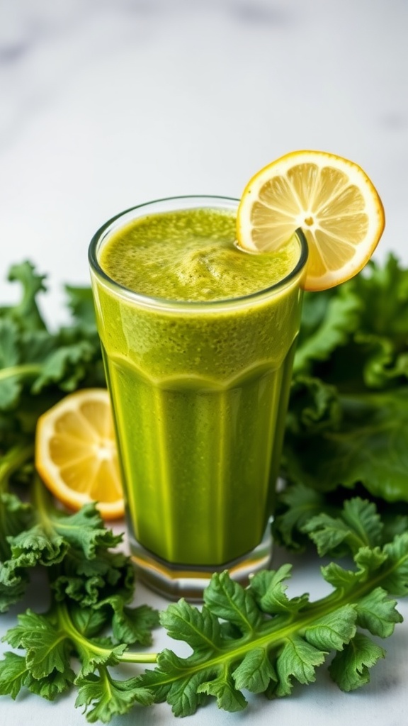 A refreshing green smoothie made with kale and lemon