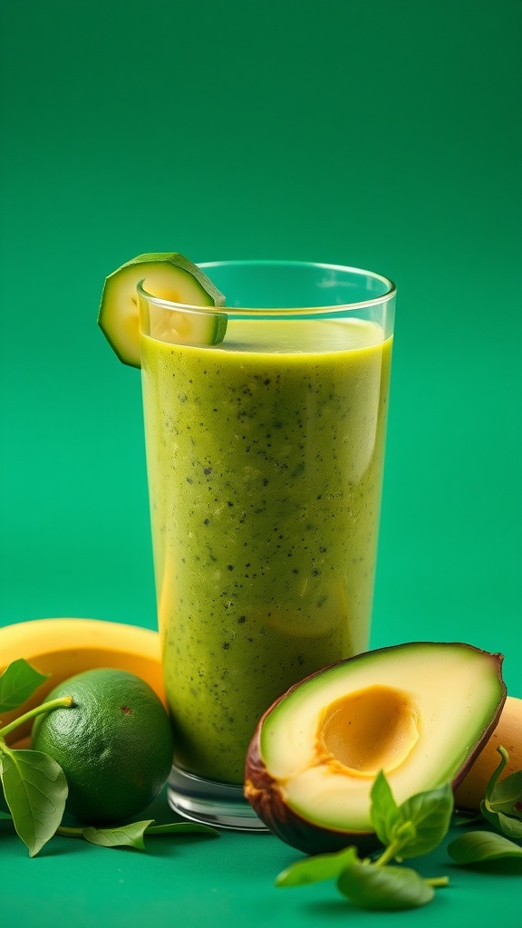 Healthy green smoothie made with banana, avocado, and spinach