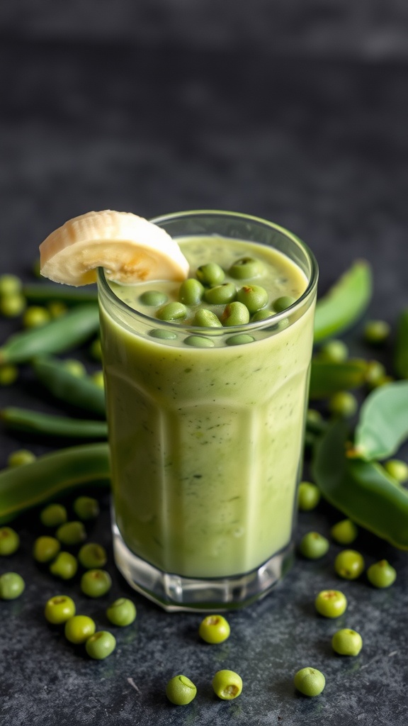 A green smoothie made with green peas and banana, garnished with a slice of banana.