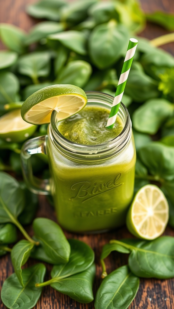 A refreshing green spinach smoothie with lime, served in a glass with a straw.