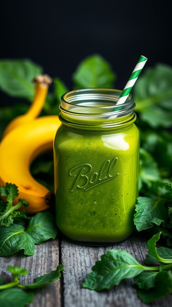A vibrant green smoothie in a jar with a green striped straw, surrounded by spinach leaves and a banana.
