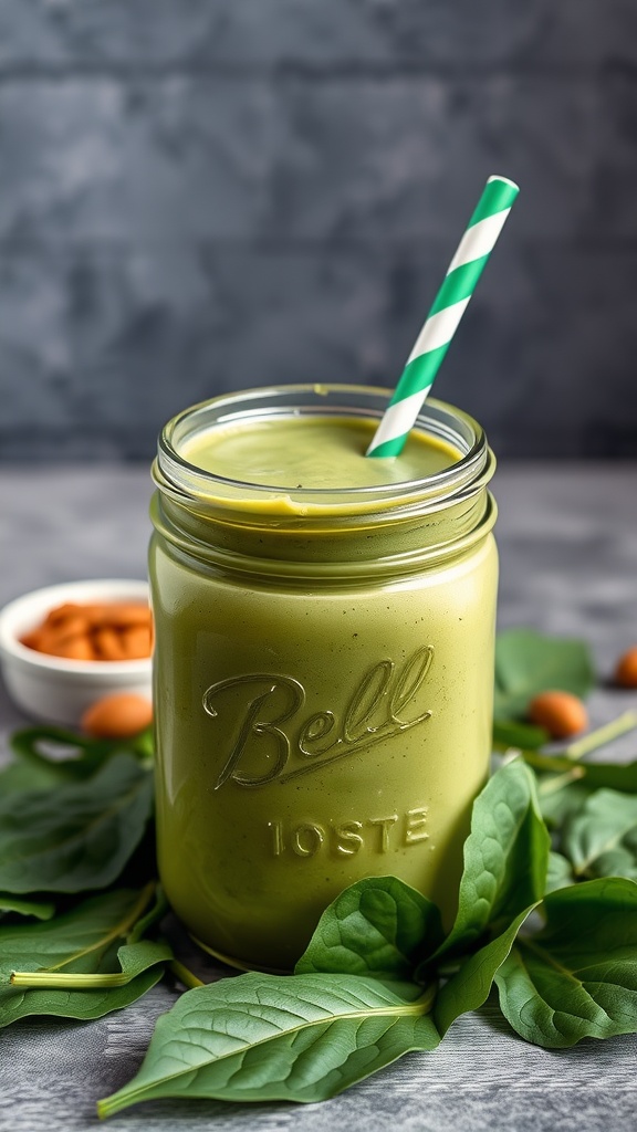 Green Spinach and Almond Butter Shake in a mason jar with a green striped straw.