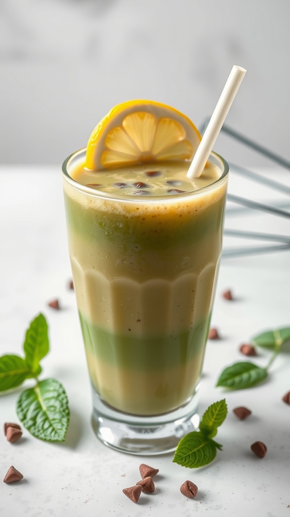 A refreshing green tea and coffee blend smoothie in a glass with a lemon slice on top.