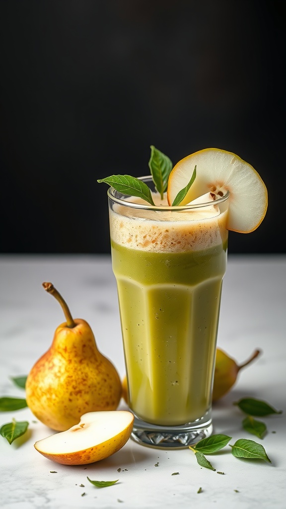 A refreshing green smoothie with pear slices and mint leaves.