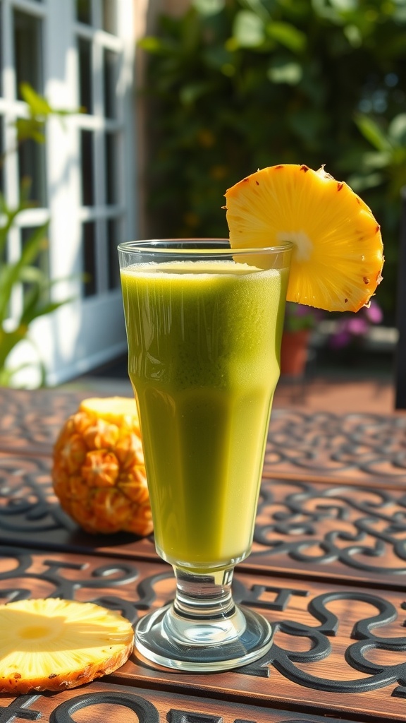 A refreshing green tea and pineapple smoothie in a glass with a slice of pineapple on the rim.