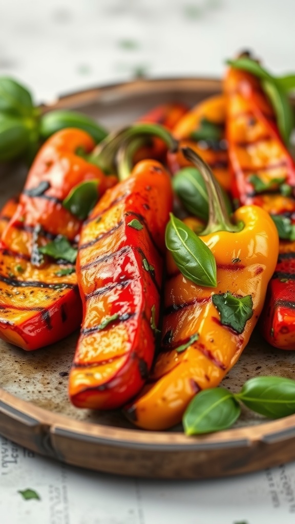 Grilled bell peppers with basil on a plate