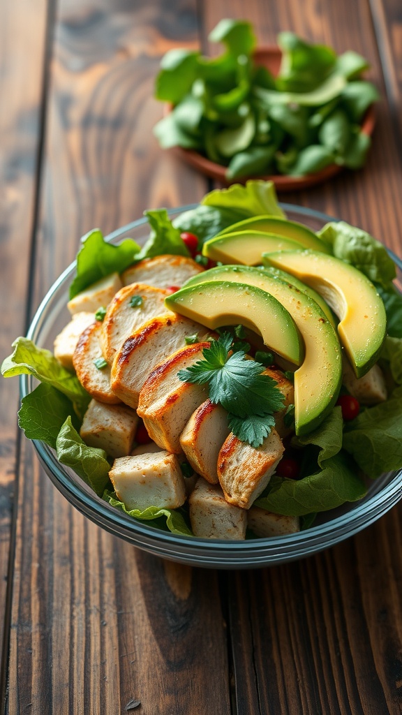 A bowl of grilled chicken salad topped with avocado slices, served with fresh greens and cherry tomatoes.