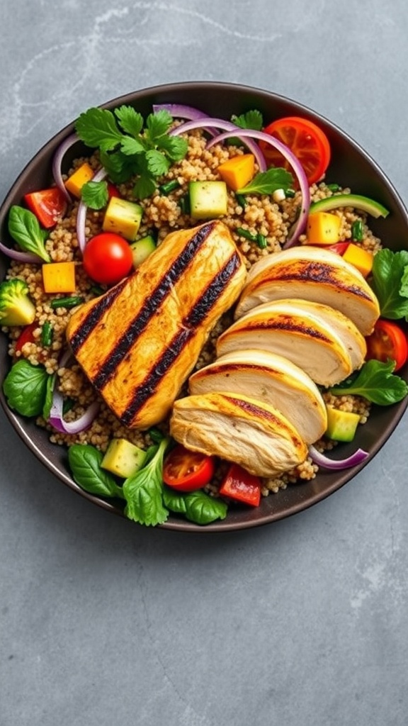 A bowl of grilled chicken salad with quinoa, featuring colorful vegetables and mixed greens.