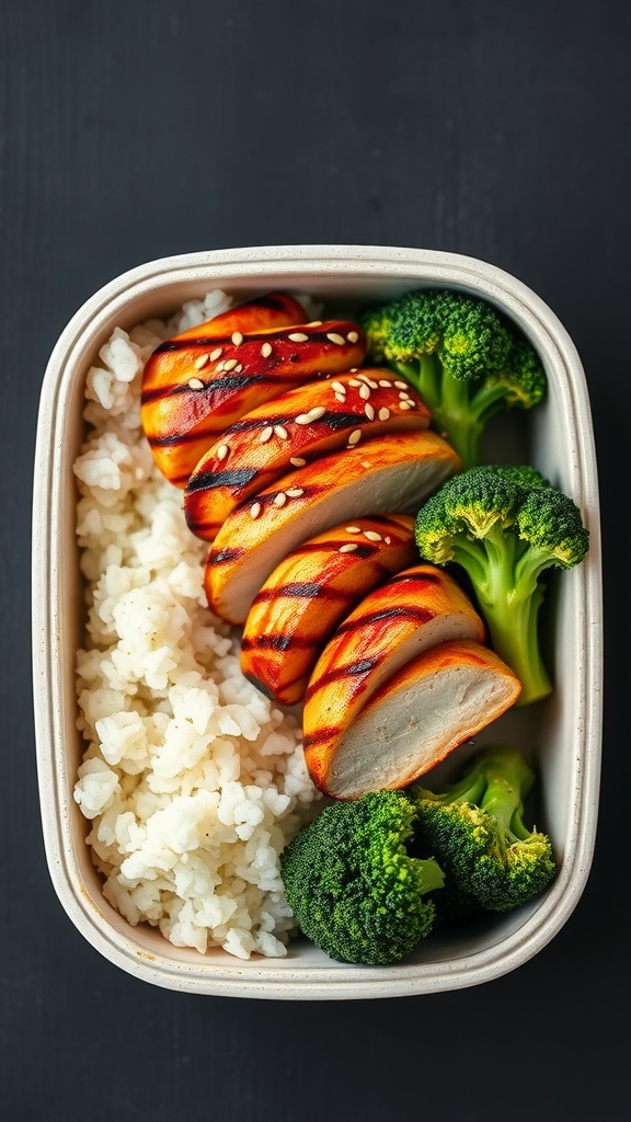 A bento box featuring sliced grilled teriyaki chicken, white rice, and broccoli.