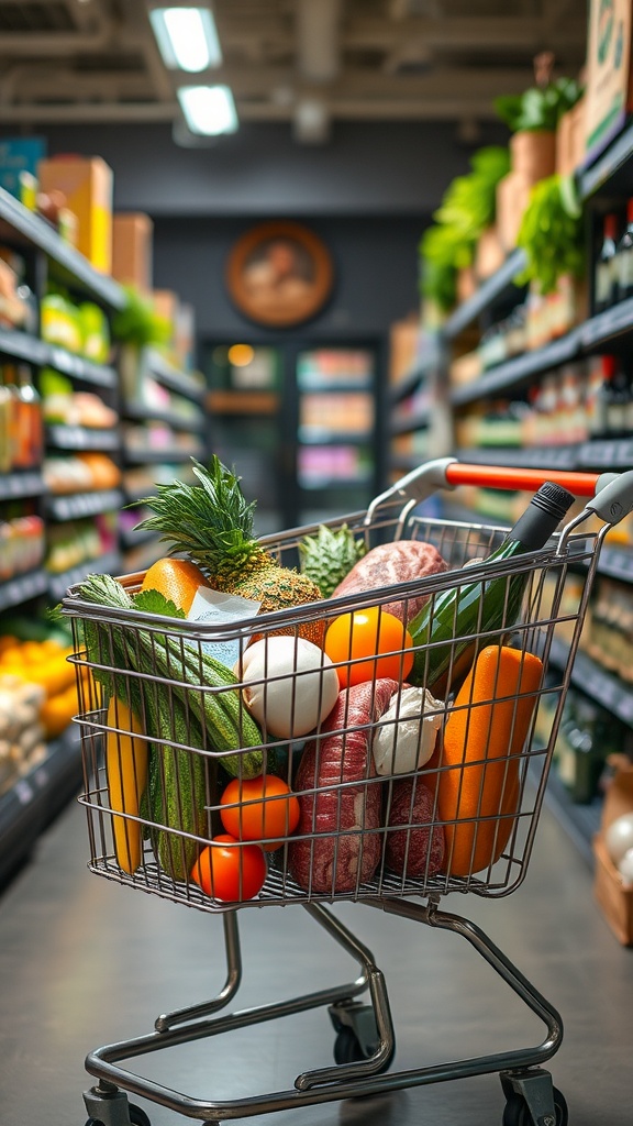 Grocery cart filled with fresh vegetables and healthy ingredients