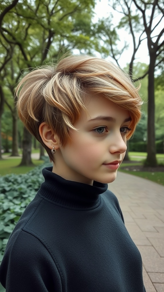 A person with a grown-out pixie haircut styled in soft waves, wearing a turtleneck in a park setting.
