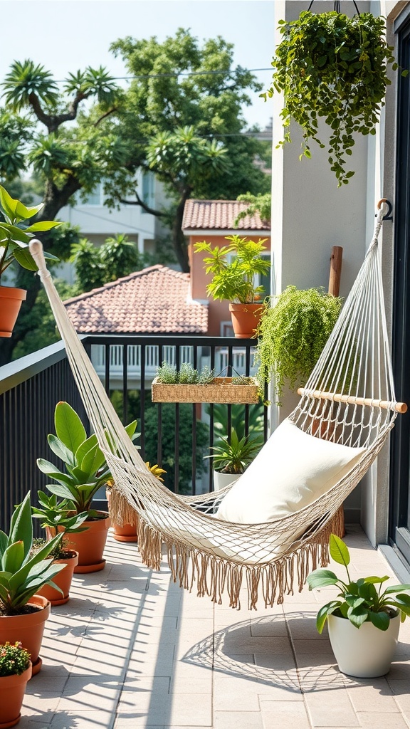 A cozy hammock on an outdoor balcony surrounded by potted plants