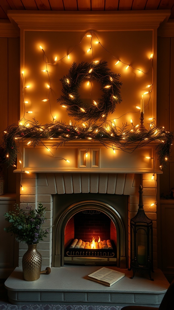 A cozy fireplace decorated with warm hanging lights and a wreath.
