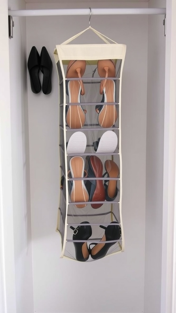A hanging shoe organizer with several pairs of shoes displayed.