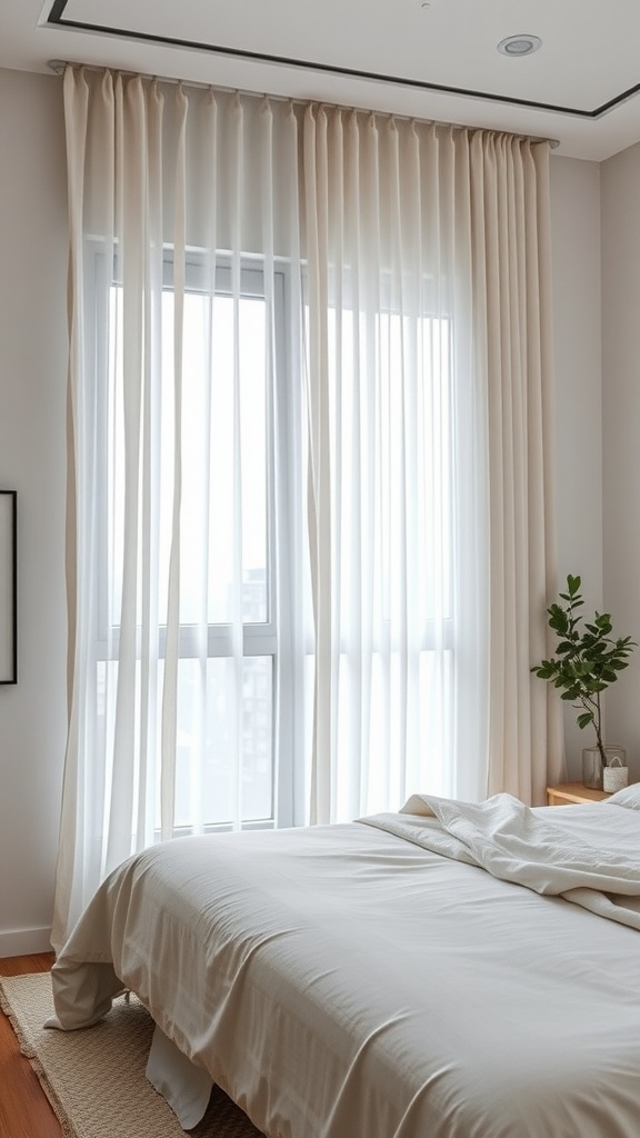 A bright bedroom with light, flowing curtains hanging near a window