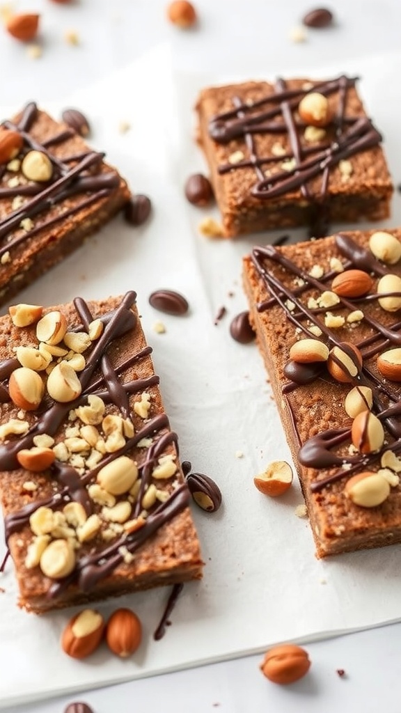 Delicious homemade hazelnut chocolate keto bars topped with chopped nuts and chocolate drizzle.