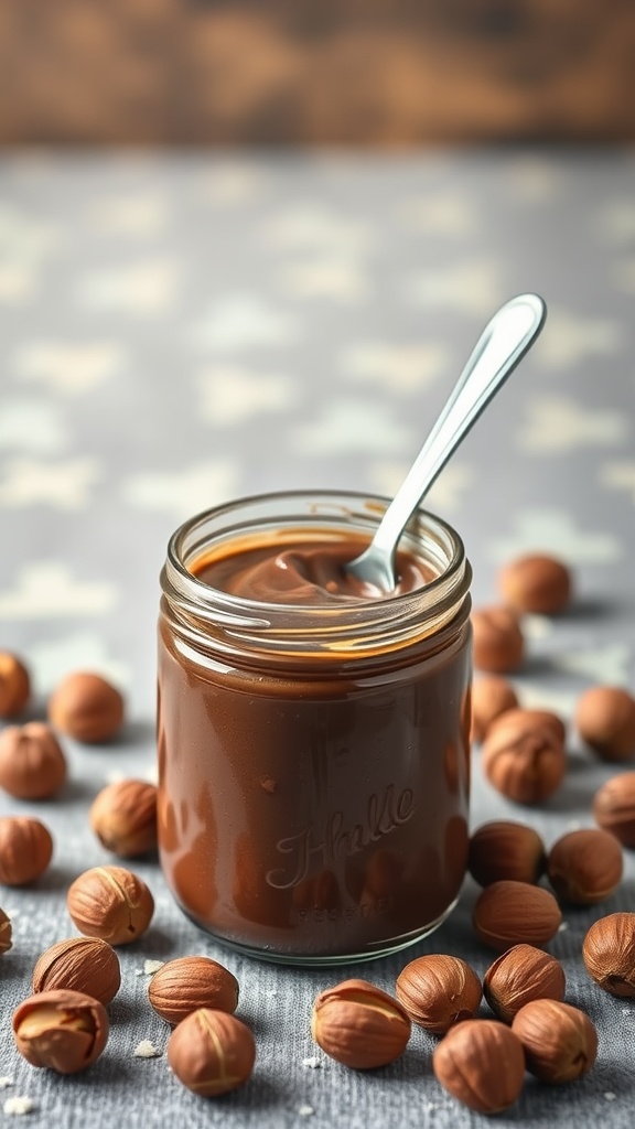 A jar of homemade hazelnut chocolate spread surrounded by hazelnuts