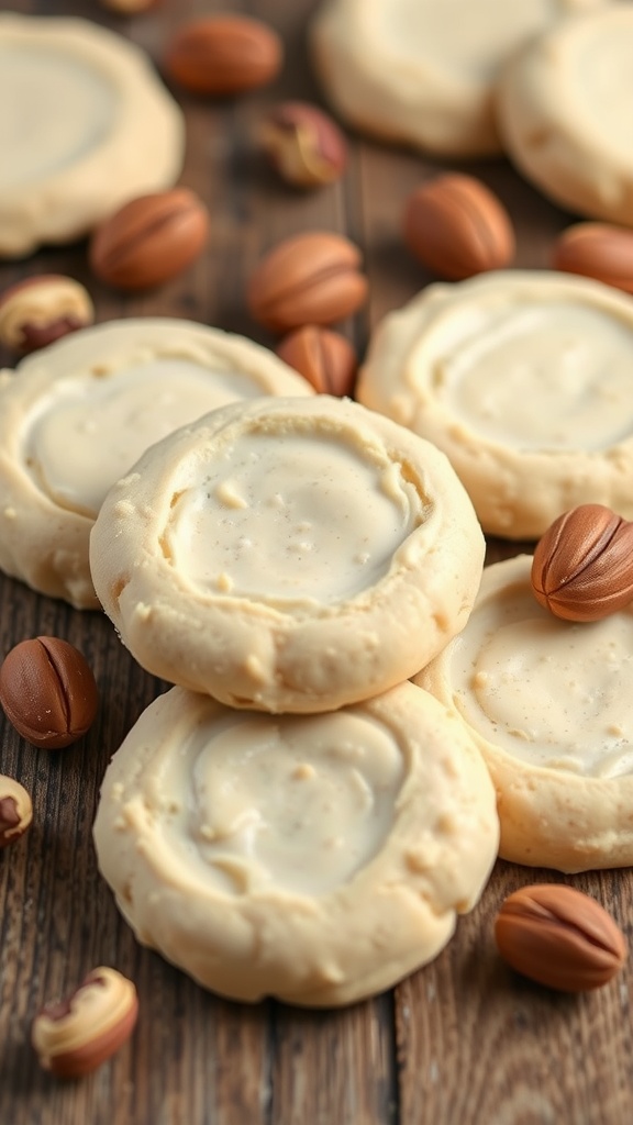 A collection of hazelnut cream cheese cookies arranged with hazelnuts on a wooden surface.
