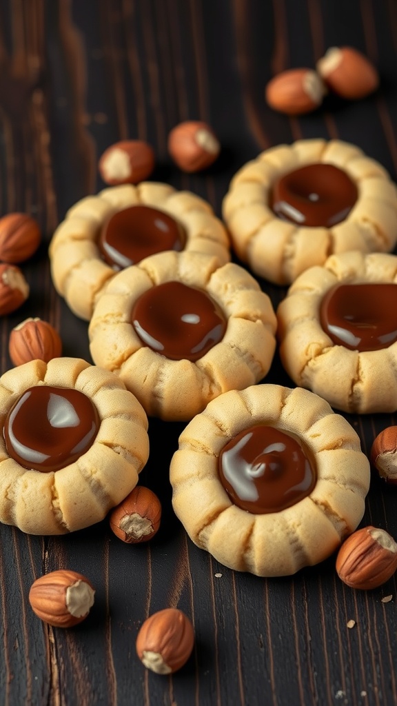 Hazelnut thumbprint cookies with chocolate ganache on a wooden surface